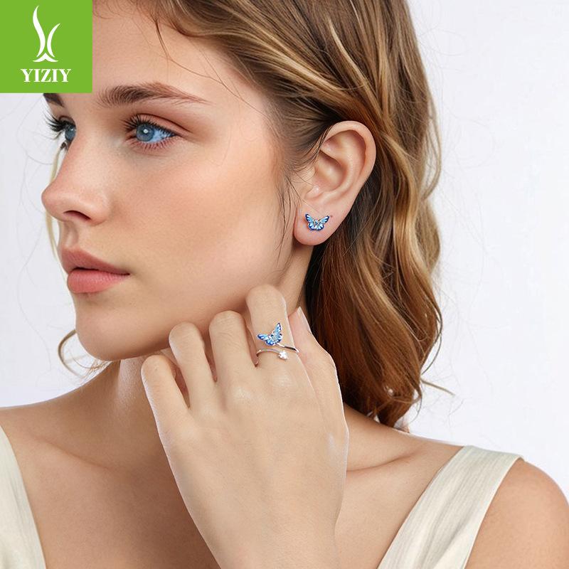 S925 Sterling Silver Spring Butterfly Open Ring Earrings Jewelry Set Women'S Niche Design Light Luxury