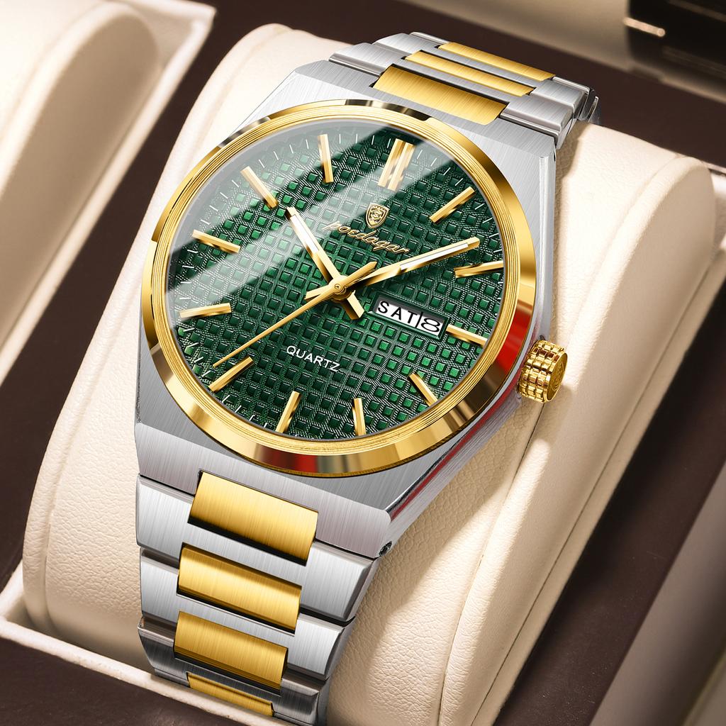 POEDAGAR Luxe Herenhorloge Datum Week Waterdicht Lichtgevend Roestvrij Staal Horloge voor Man Casual Kwarts Horloges Mannelijk Sport+Doos