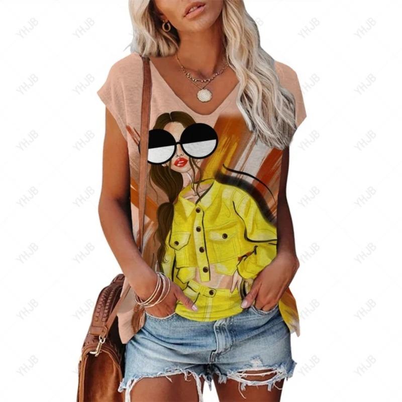 Summer New Product Cool And Comfortable V-neck T-shirt Women's Elegant Flower Print Top Casual Simple Short Sleeved T-shirt