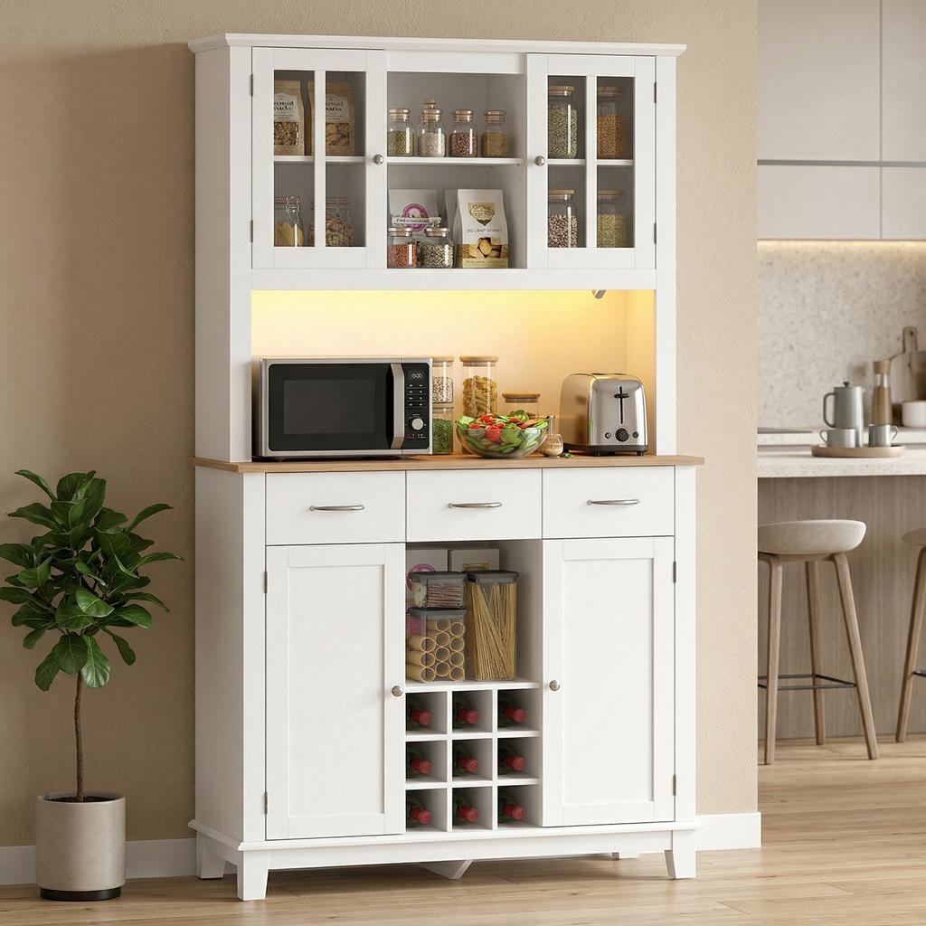 High-end buffet with LED lighting, sideboard, 4 doors including 2 glass ones, drawers, bottle rack, white