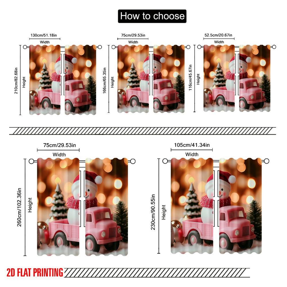 2pcs,2D plane printing Curtains Digital Printed Cute Snowman Truck Christmas Versatile 100% Polyester (without rod) Art Deco