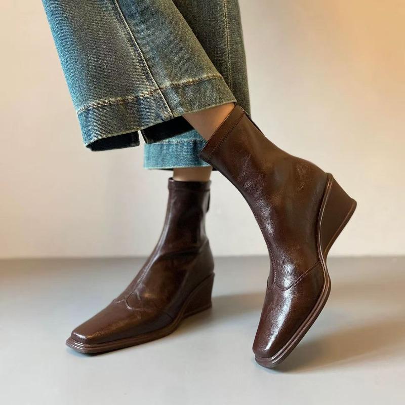 Wedge Heel Booties 2025 Fashion Square Toe Zip Soft Sole Anti-slip Wear-resistant Kitten Heel Shoes