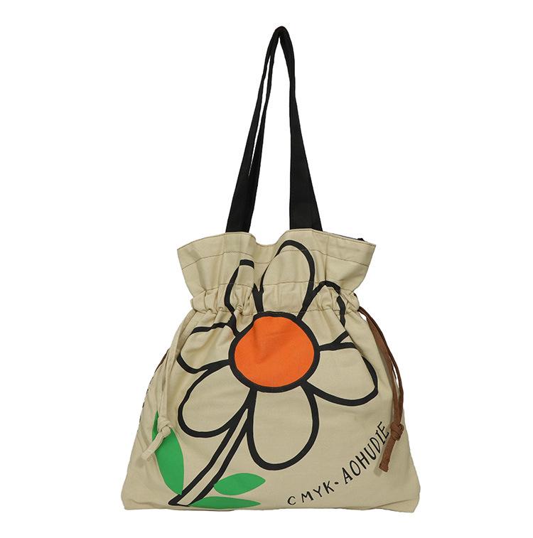Floral Print Canvas Shoulder Handbag: Trendy Pleated Drawstring Design for Women