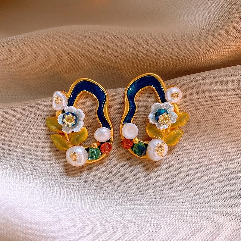 Mode Vintage Ölgemälde Stil Imitiert Barock Perlenblumen Ohrringe Tropfglasur Ohrring Damen Zart Hochwertige Accessoires