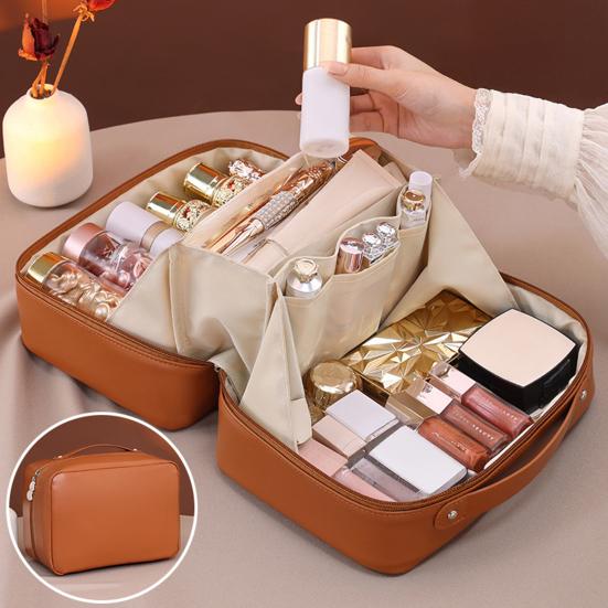 Travel Makeup Bag Portable Open Flat Toiletry Bag Waterproof Large Capacity Cosmetic Organizer for Women Business Trip Vacation Use