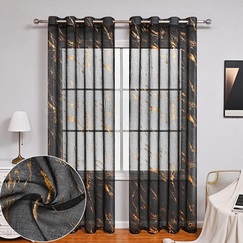 2025Gold Stamping Marble Pattern Stone Window Screen Perforated Curtain Semi-Blackout Curtain Sheer Curtain