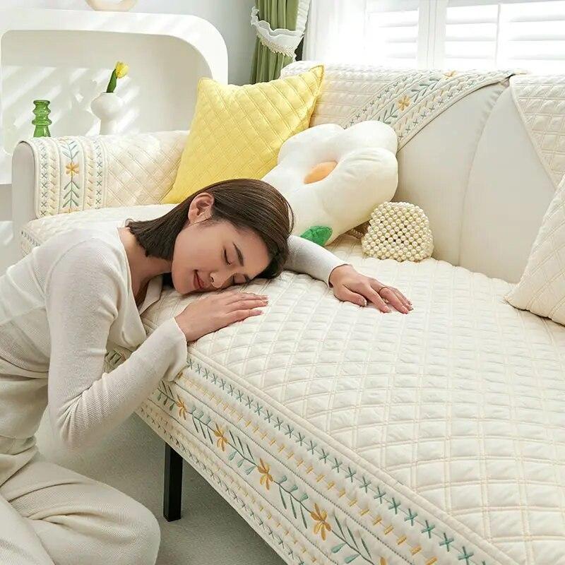 Cotton Embroidered Sofa Cover Rustic Style Jacquard Fabric Non-Slip Cushion Simple Living Room Sofa Armrest Backrest Towel
