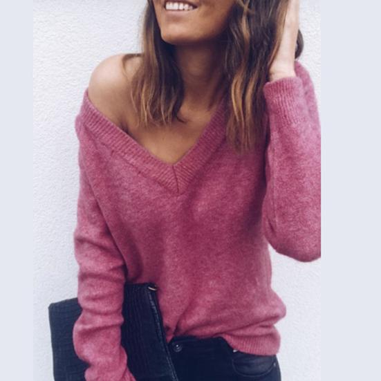 Winter Chic Lady Solid Color V Neck Long Sleeve Casual Pullover Knitted Blouse