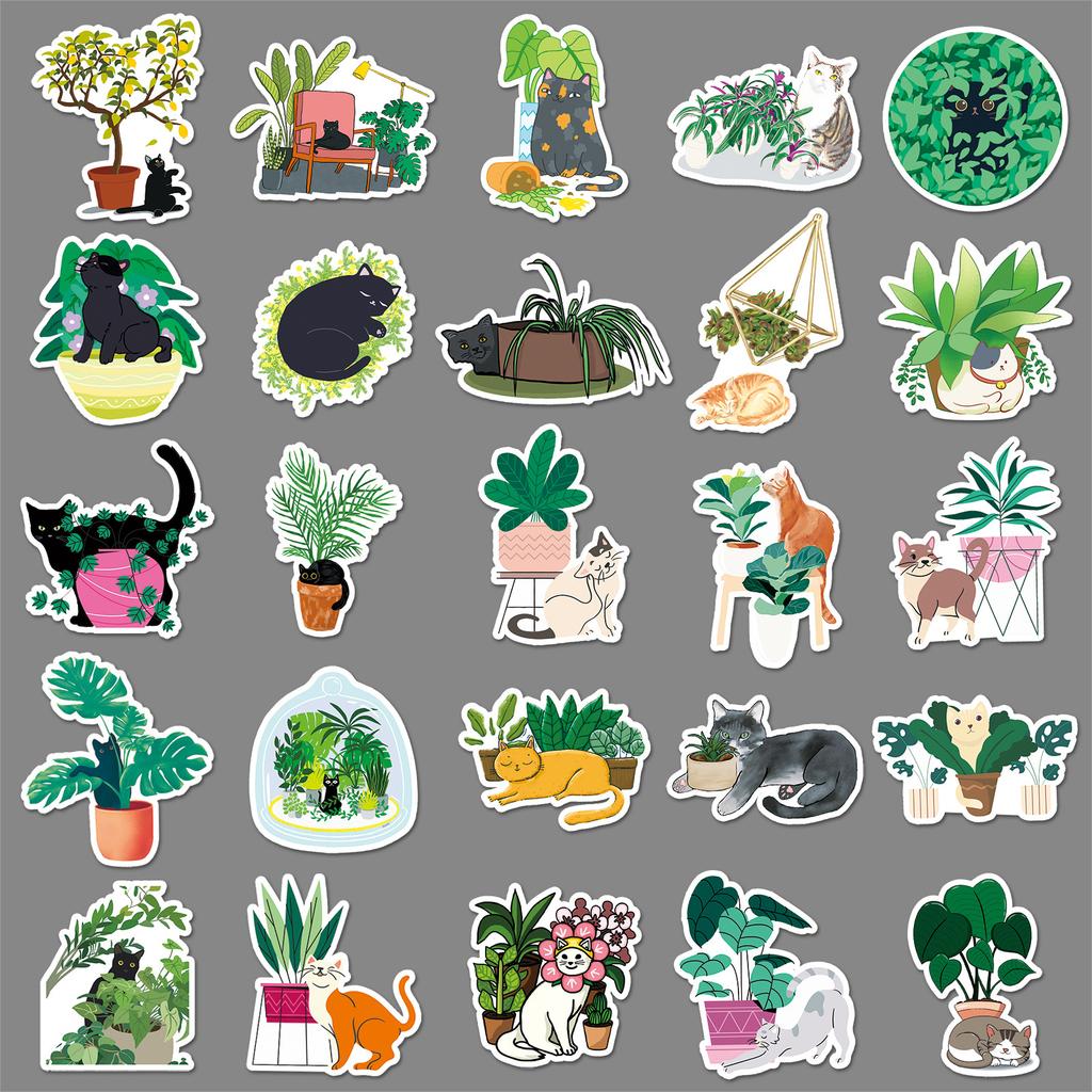 50 Cats and Plants Doodles Personalized Small Fresh Plants Children's DIY Water Cup Suitcase Stickers Waterproof