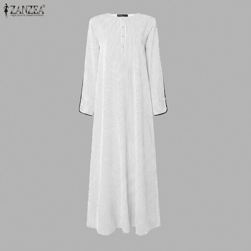 ZANZEA Oversized Dames Gestreept Lange Mouwen Maxi Jurk Knoopsteek Vintage Elegante Lange Hemdjurk