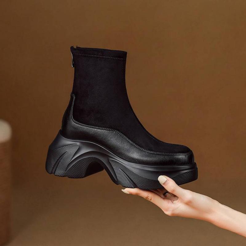 

Корейская версия новых женских ботинок большого размера на среднем каблуке, замшевые ботинки на толстой подошве и средней подошве с задней молнией, однотонные с круглым носком осенние и 39 чёрный