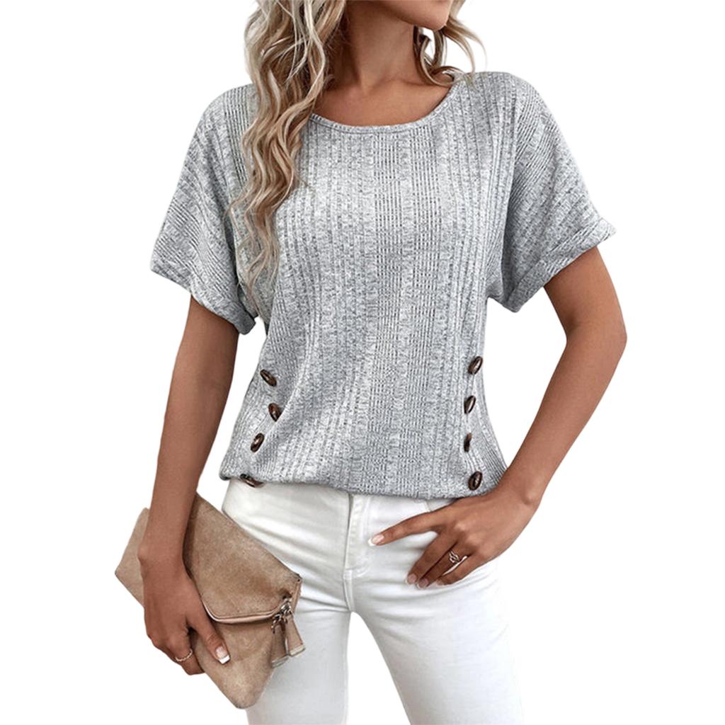 Women's Short Sleeve Pullover Top Crew Neck Knit Blouse Casual Lightweight Button Detail Loose Fit Shirt for Everyday Wear