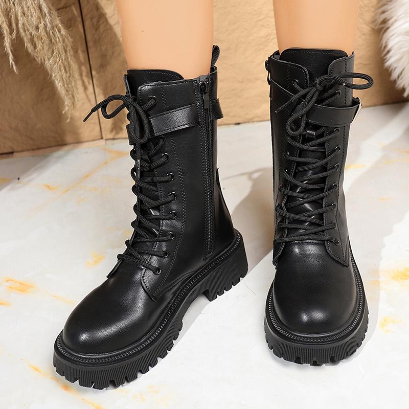 Fashion Fashion Buckle Platform Mid Calf Boots Women Lace Up Punk Motorcycle Boots Woman Autumn Winter Thick Sole Pu Leather Botas 35-42