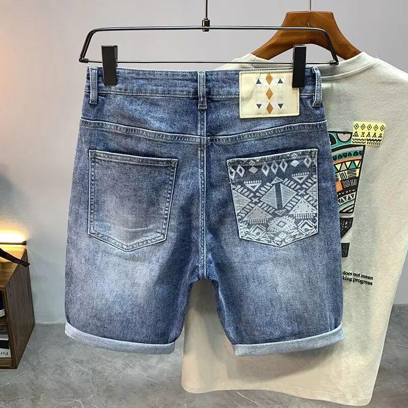 Men's Summer Thin Ripped Denim Shorts with Embroidery - Personalized Casual Breeches by Fashion Brand