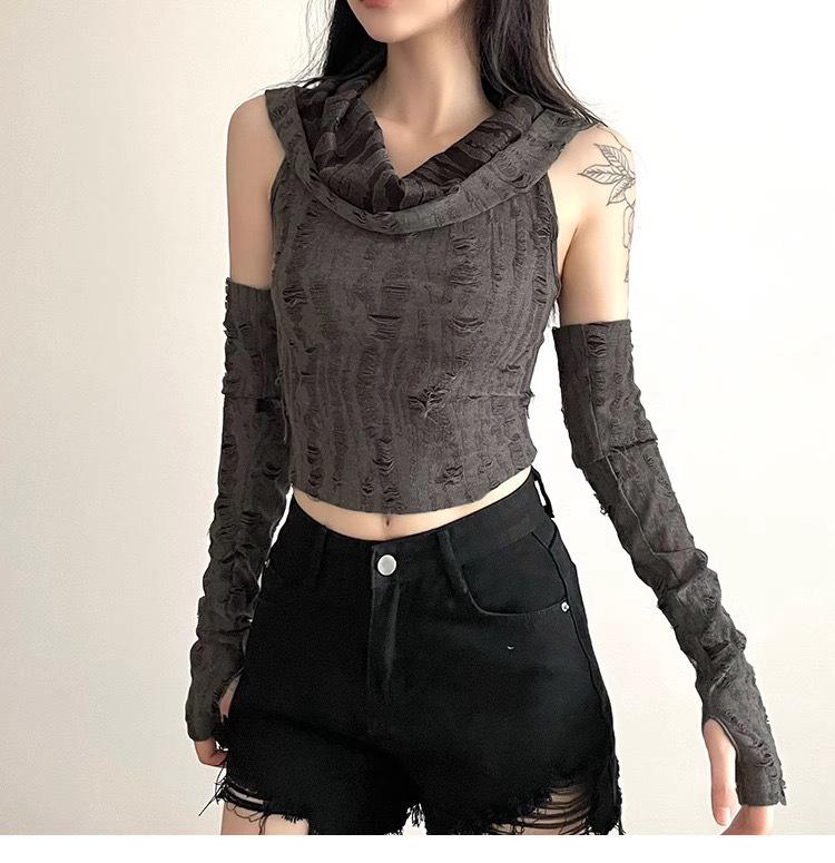 Dune Wasteland Spice Girls Sleeves Hooded T-Shirt Women's Summer New Sexy Belly Navel Chic Ripped Short Top