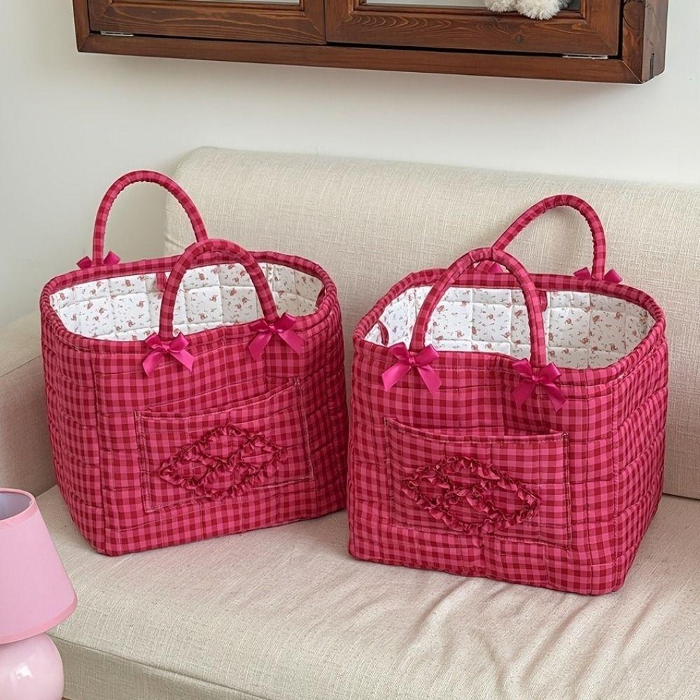 Handheld Red Plaid Storage Basket Large Capacity Clothes Toys Storage Basket Picnic