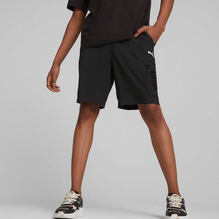 Puma Solid Color Logo Print Mid Rise Drawstring Straight Leg Casual Shorts Men Shorts Black 675581-01