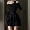 Temperament Socialite High-end Sexy One-word Shoulder Dress Women's New Slim and Thin Tutu Dress Black Birthday Dress