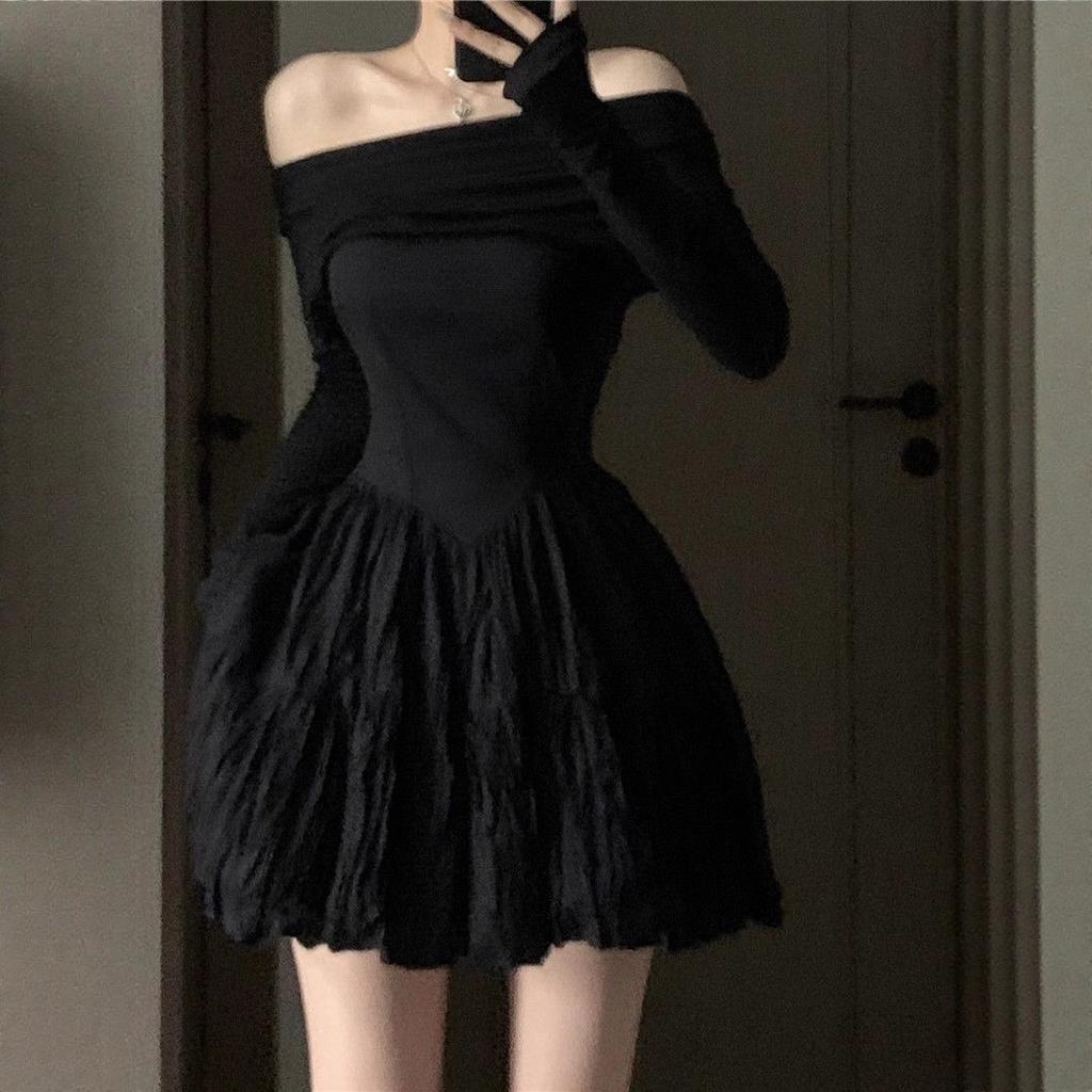 Temperament Socialite High-end Sexy One-word Shoulder Dress Women's New Slim and Thin Tutu Dress Black Birthday Dress