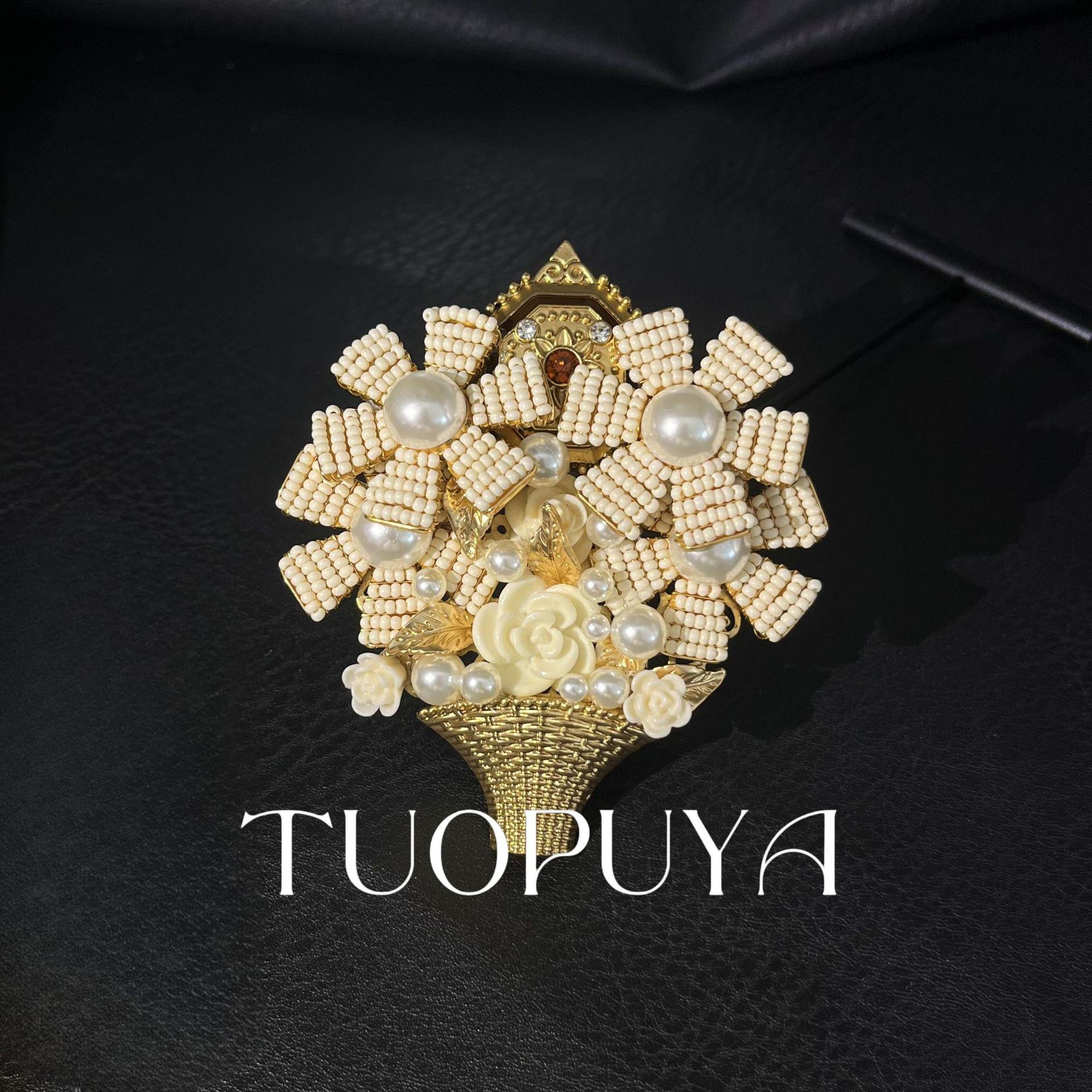 Elegant French Pavé Pearl Floral Basket Brooch with Millet Beading and 3D Corsage Design