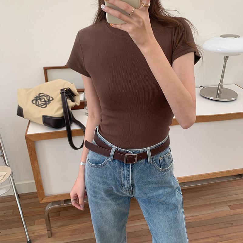 

Тонкие вязаные футболки с круглым вырезом, летние короткие повседневные футболки с короткими рукавами, женские футболки, женские футболки с однотонной подошвой, элегантные 27784 S кофейный
