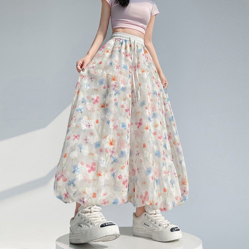 Colorful Floral Puff Wide-Leg Pants for Women | Summer Thin High-Waist Straight Lantern Pant Skirt Petite-Friendly Flowy Chiffon Pants