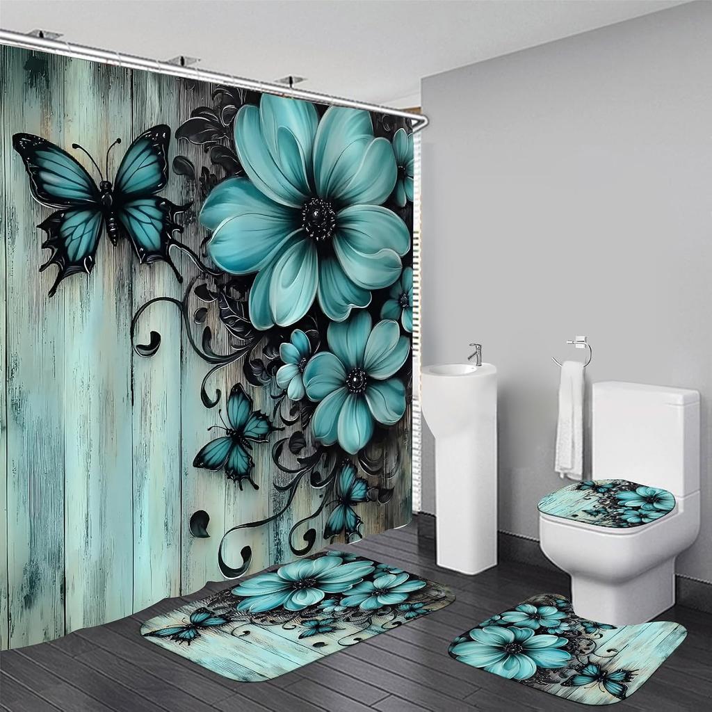 4Pcs Shower Curtain Set with Non-Slip Bath Mat, Toilet Lid Cover, Contour Rug & 12 Hooks, Bathroom