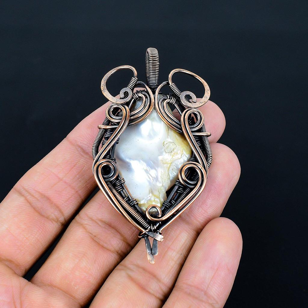 Biwa Pearl 999 Copper Wire Wrapped Pendant, Handmade Gemstone Pendant Jewelry, Gifts For Wife Brand New Pendant