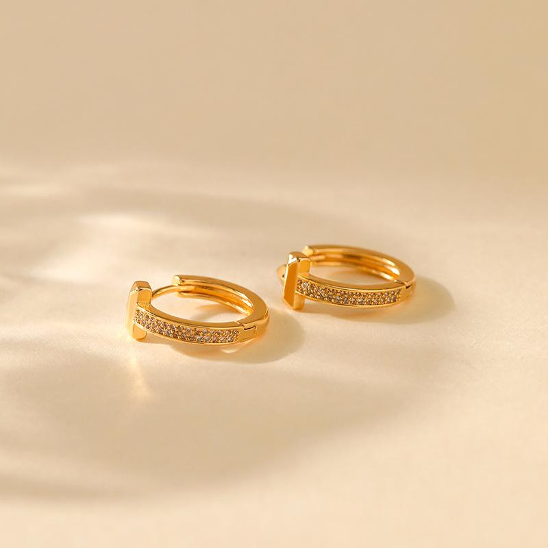 Women Fashion 18k Gold Plated Zircon T Shape Geometric Commute Earrings