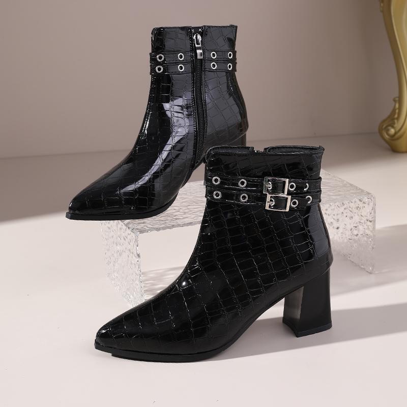 New Women'S Shoes-Pointed-Toe Short Boots With Side Zipper, Belt Buckle Detail, Chunky Heel, Warm-Perfect For Winter Jeans