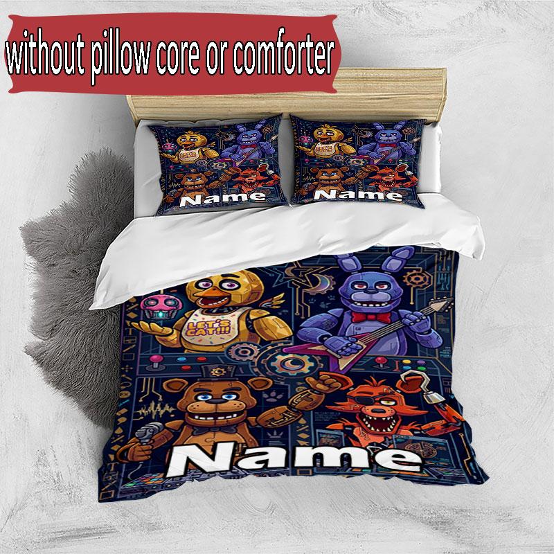 3'lü Nevresim Takımı (1*Nevresim Kılıfı + 2*Yastık Kılıfı, Çekirdeksiz), Özel İsimli Five Nights at Freddy's Desenli Nevresim Takımı, Ev Yatak Odası Dekorasyonu Hediye
