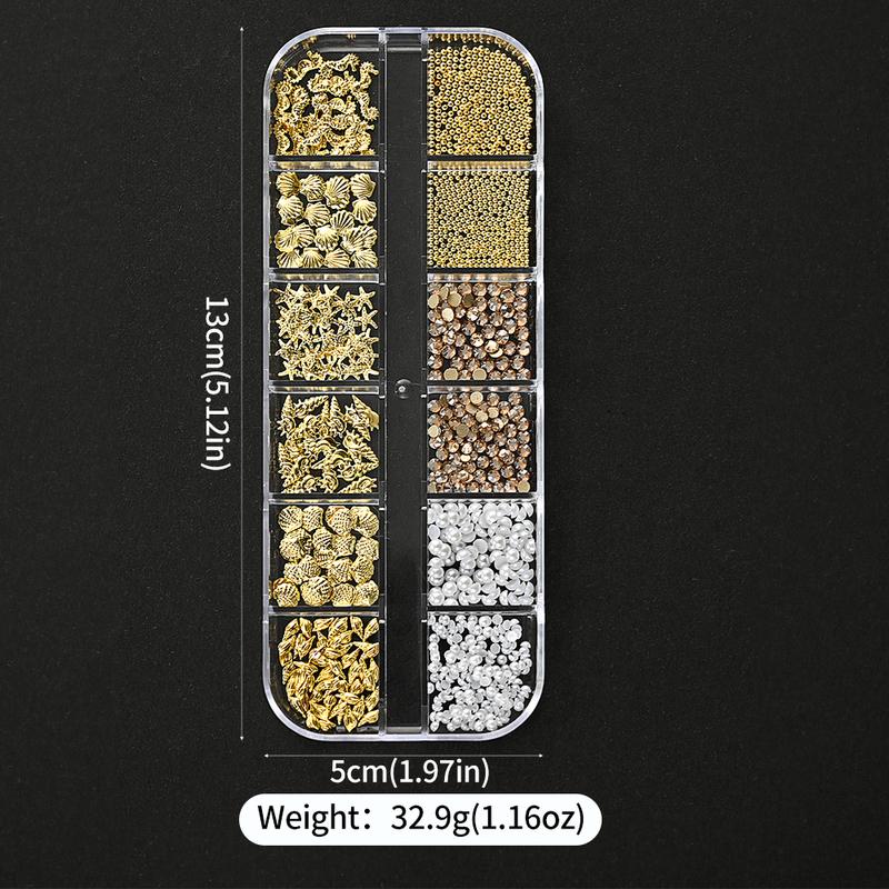 12Grids Ocean Gold Nail Art Charms Shell/Seahorse/Starfish White Half Round Pearl Gems 3D Mixed Punk Manicure Metal Rivets Studs