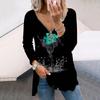 Women Autumn Water Rose Printed Long Sleeve T-Shirts Loose V-Neck Plus Size Tee Shirt Tops Comfy Blouse