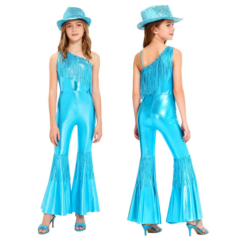 Girls Jazz Dance Jumpsuit Sleeveless One Shoulder with Sequins Tassels High Waist Bell Bottoms and Fedora Hat for Pageant Banquet