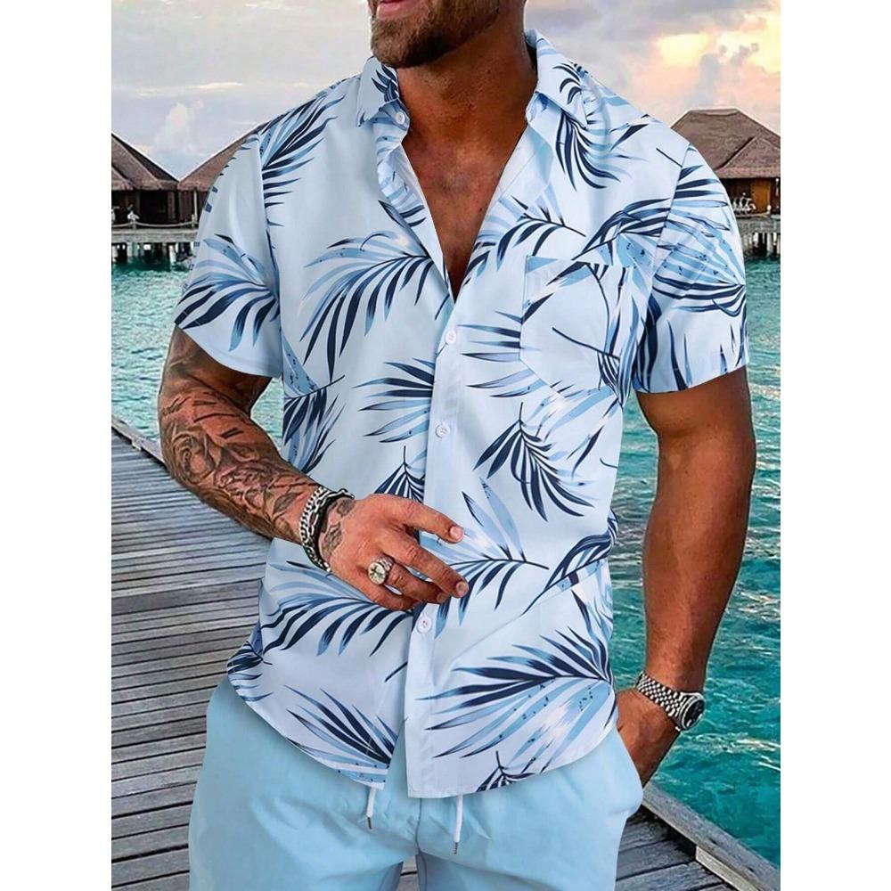 Hawaiian palm tree 3D printed men's shirt, casual and fashionable short sleeved shirt, lapel button top large unisex clothing