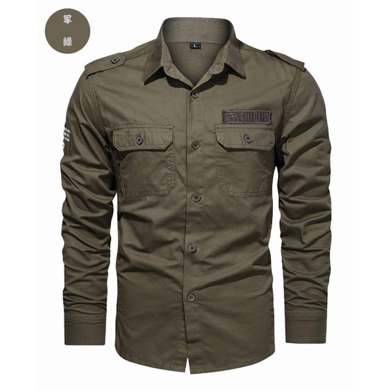 Men S Casual Military Style Long Sleeve Solid Color Shirt