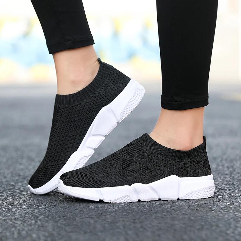 Fashion Sneakers Women Shoes Knitting Sock Sneakers Women Slip On Flat Laides Walking Shoes Woman Loafers Flats Tenis Famela Plus Size