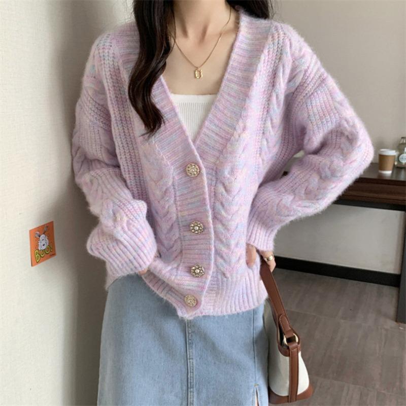 Spring and Autumn New V-Neck Gentle Wind Knitted Cardigan Twist Fashion Sweet Loose Sweater Women's Jacket Women's