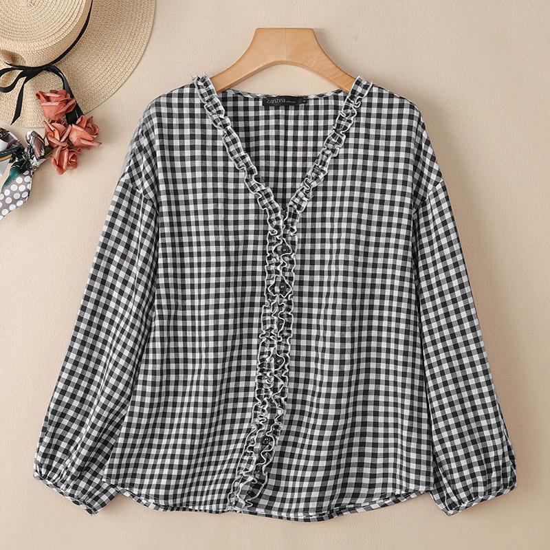 ZANZEA Women Casual V-neck Plaid Print Loose Long Sleeve Blouse