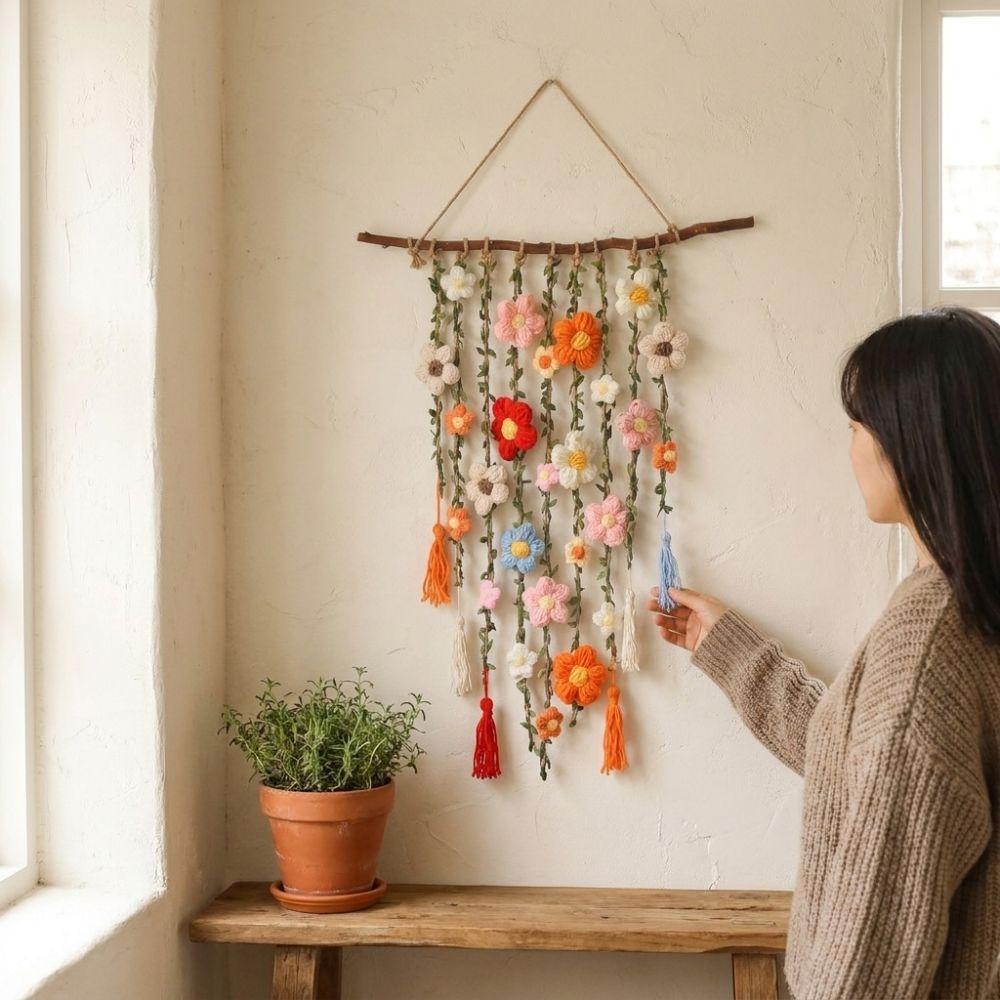 Natural Wooden Branch Crochet Floral Vine Wall Hanging  Bedroom Wall Art
