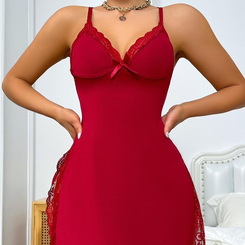 

Кружевное платье-ночная сорочка с разрезом, сексуальное, на бретелях, из шелка и кружева, халат, платье, одежда для сна без спины, женское сексуальное нижнее белье 2XL красный