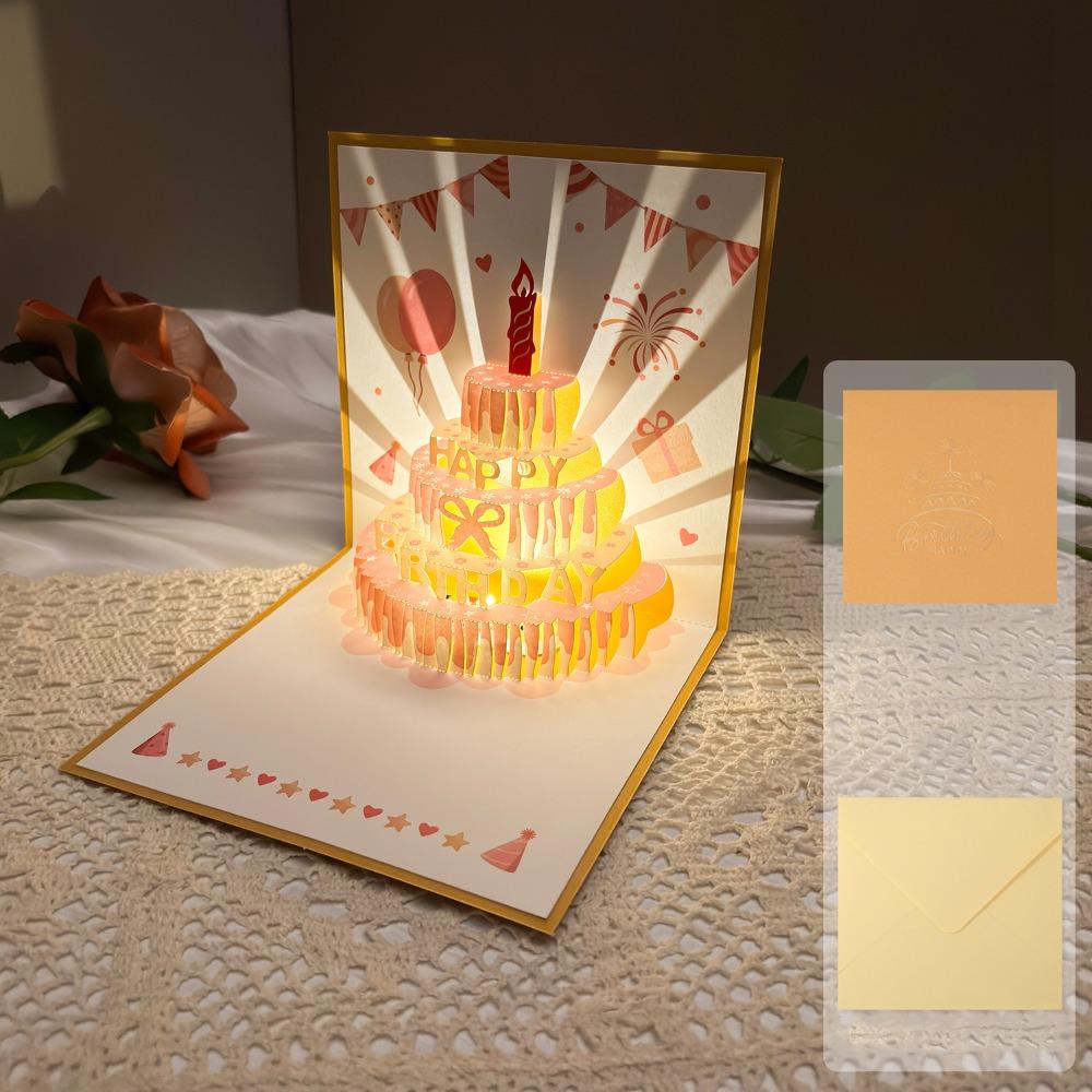 Alles Gute zum Geburtstag 3D Musik Leuchtende Karten mit Umschlag Musik Licht Leuchtender Kuchen Grußkarte Faltbare Pop-Up Geburtstagskarten