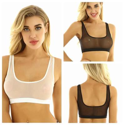 Women Fashion Sleeveless See Through Mesh Deep U Neck Bra Vest Tank Crop Tops