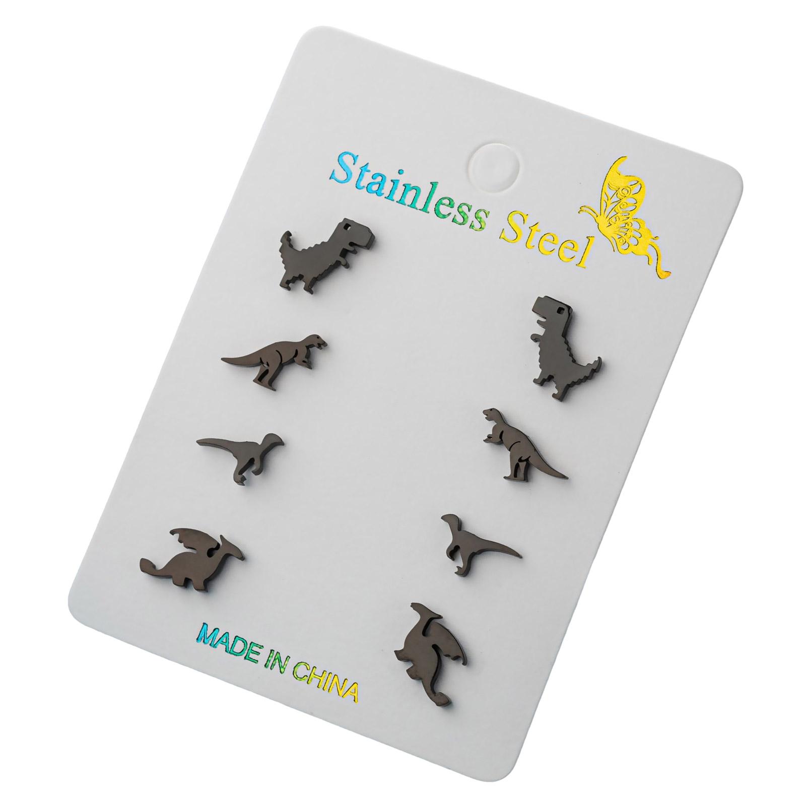 

4 пары сережек-гвоздиков в виде динозавров. Креативные аксессуары для ушей. Серьги-гвоздики в виде животных, подходящие для подростков и молодых любителей моды.