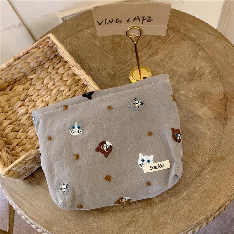 Niedliche Katze im japanischen Stil Leinen Kosmetiktasche Lippenstift Aufbewahrungstasche Federmäppchen Schwarz Grau Beige Weiches Canvas Reißverschluss