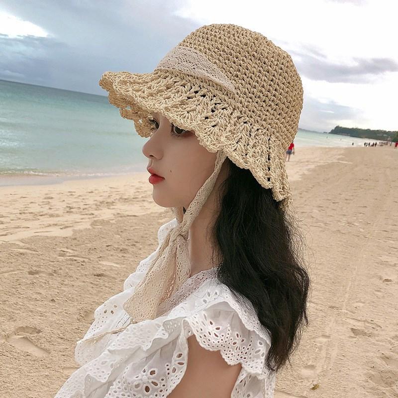 Women Summer Crochet Straw Hat Hollow Out Larger Brim Fashion Lace-UP Bucket UV Protect Foldable Beach Sun Cap