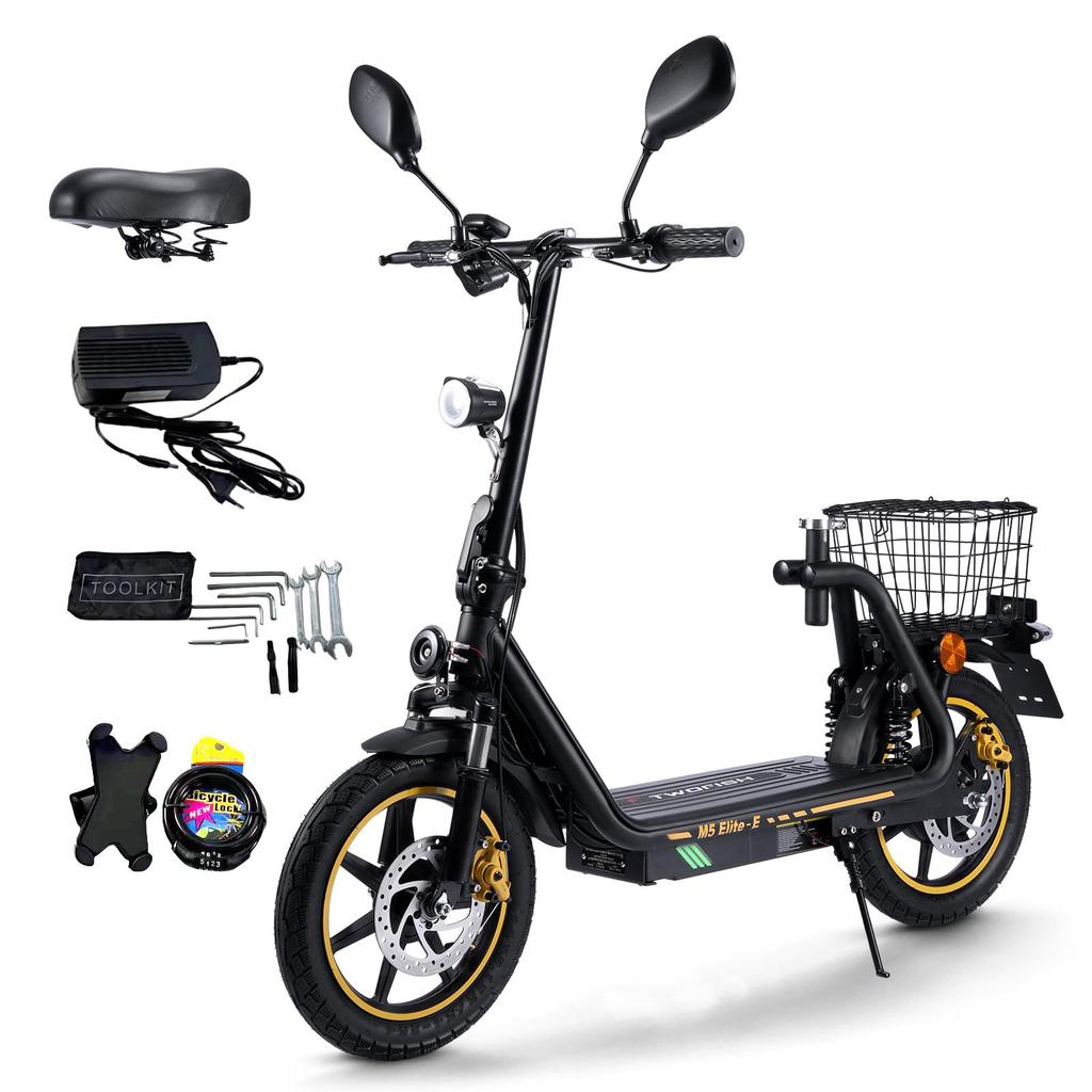 Electric Scooter with Seat TWOFISH M5-Elite-E 14" Tire 500W Motor 48V13Ah Battery Max Speed 40km/h Max Range 30km EEC Certified