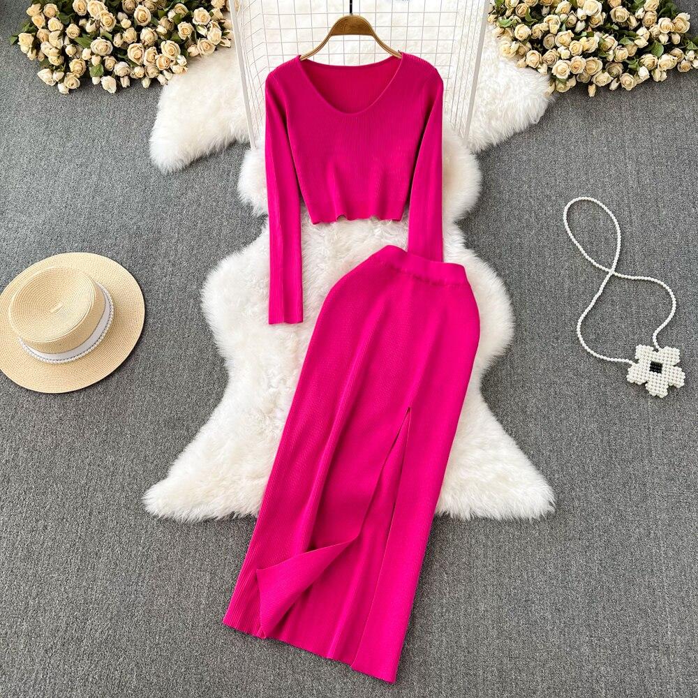 Retro Módní Oblek Spice Spice Styl Kulatý Výstřih Krátký Top + Sukně z Úpletu s Vysokým Pasem a Rozparkem Dvoudílný Set