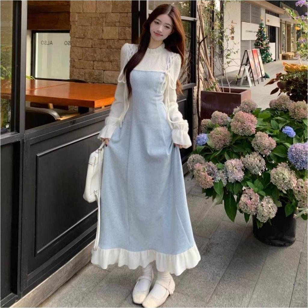 2026 Spring/Autumn Elegant French Style Faux Two-Piece Waist-Cinched Long Dress with Side Split