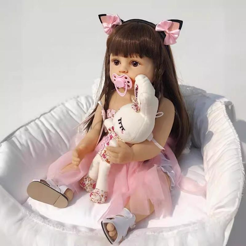 55cm 22inch Long Brown Hair Reborn Doll Realistic Princess Toddler Birthday Gift Lifelike Reborn Baby Girl Doll Soft Silicone